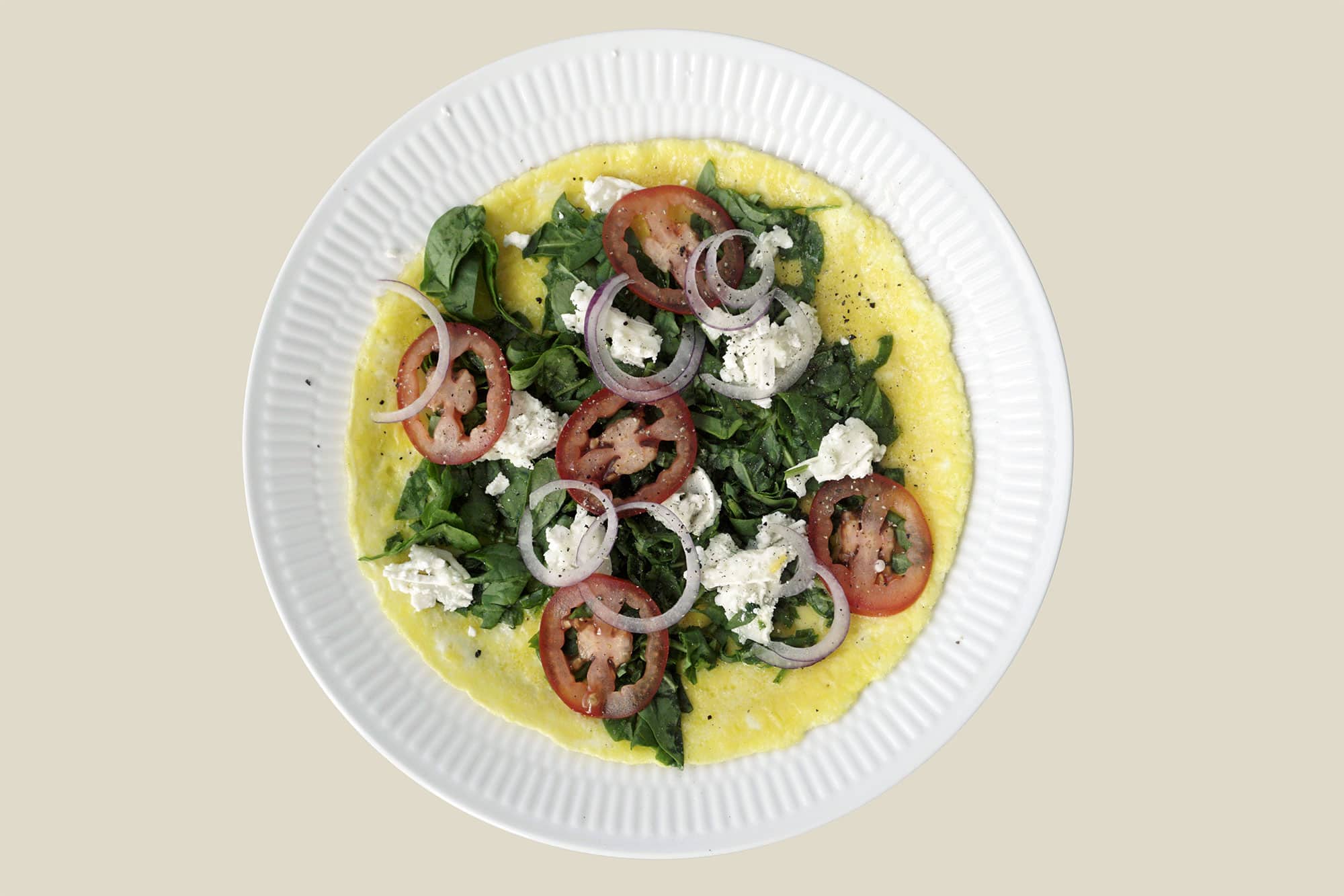 Goatchella: Omelet w. Fresh Spinach, Goat Cheese, Tomato & Red Onion