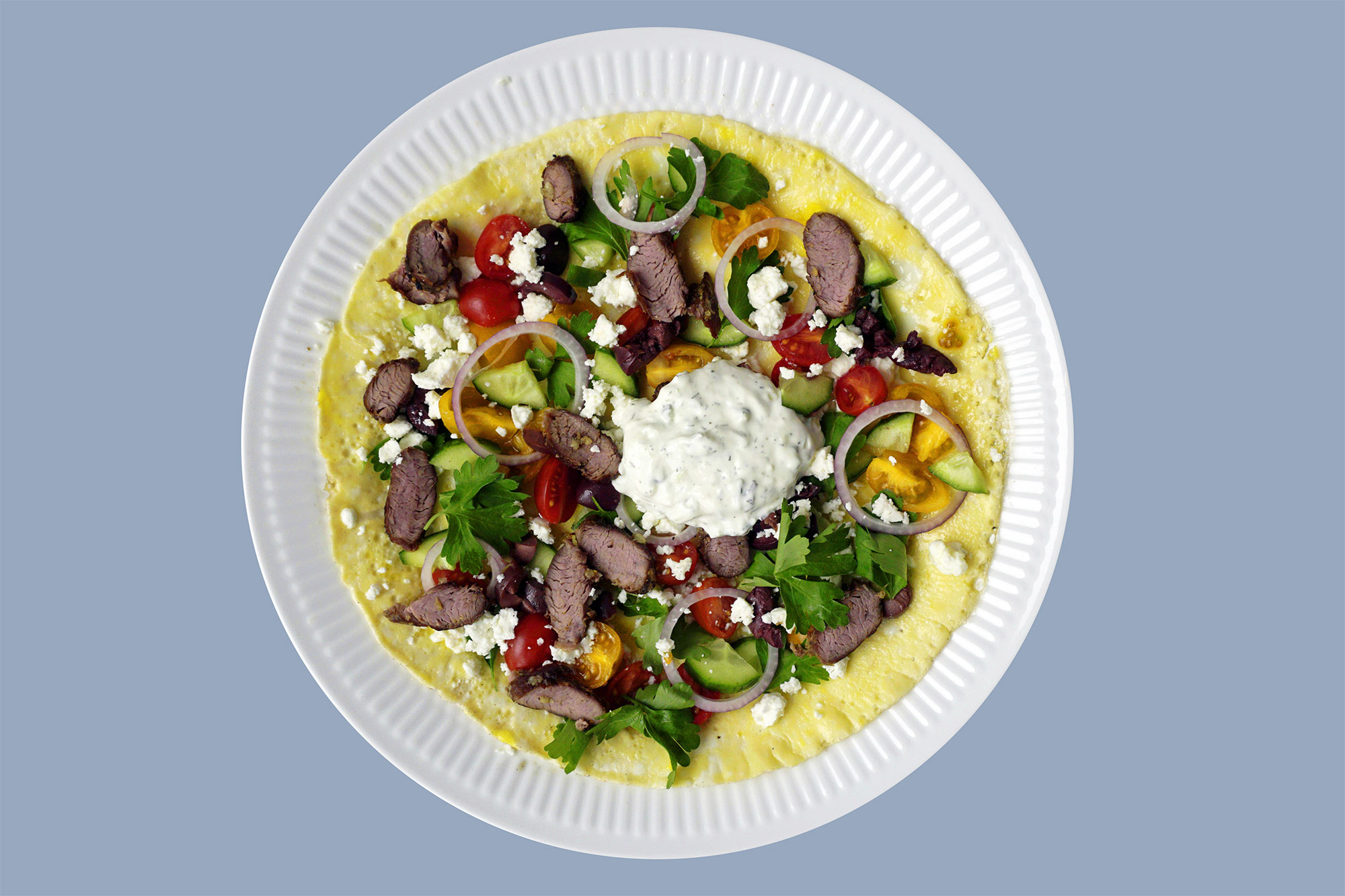 I Can Be Your Gyro, Baby: Greek omelet with lamb, olives, feta cheese and parsley.